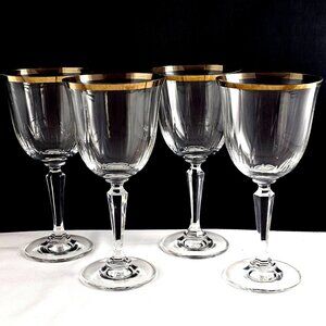 Crown Crystal Cape Cod Gold Rim Goblets 7.5" optic 24% leaded glasses 1970s 4pc